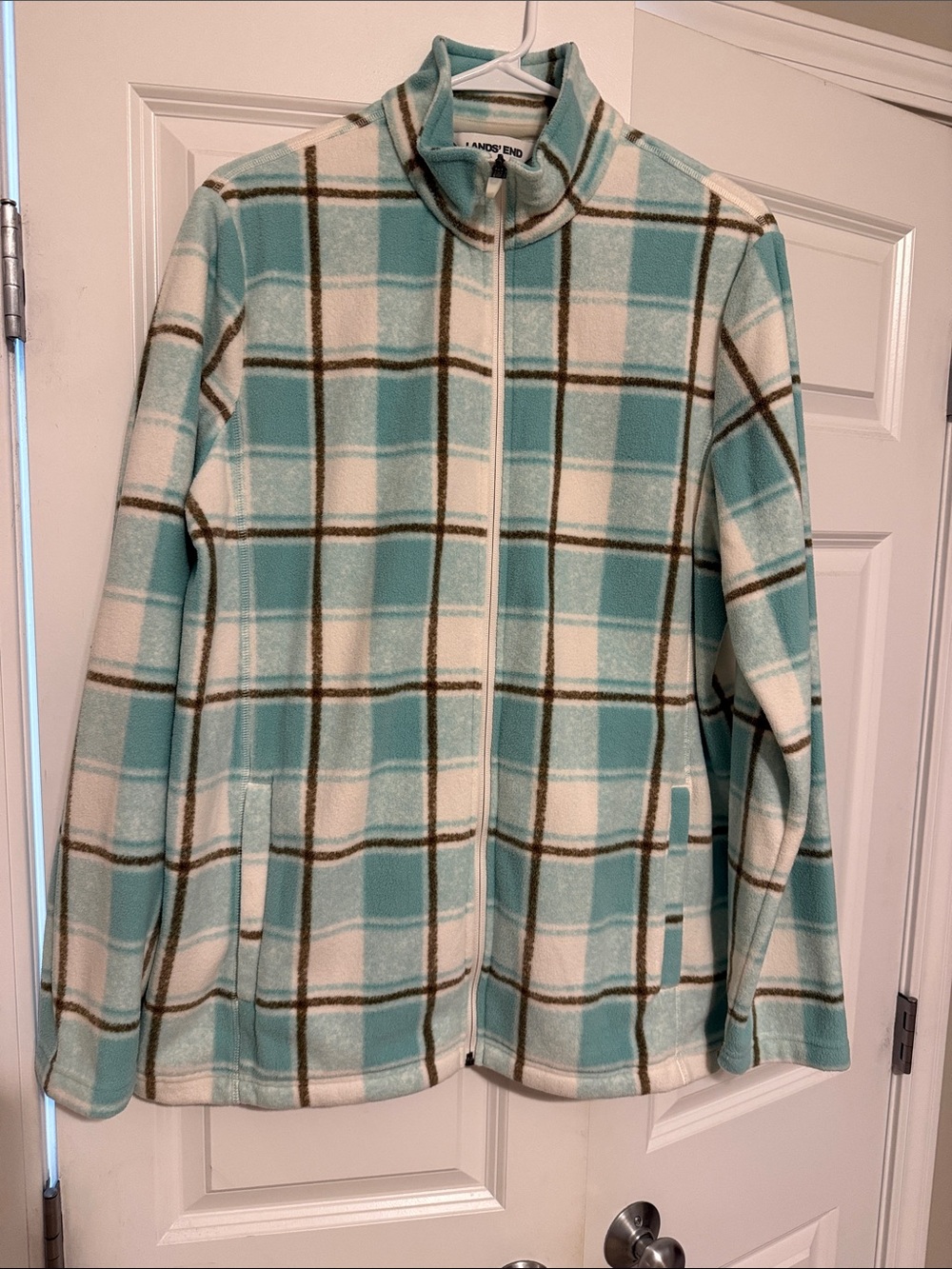 Lands' End Aqua and White Plaid Full-Zip Fleece Jacket